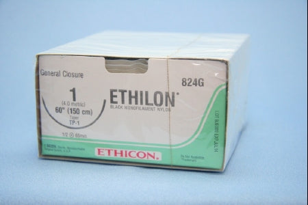 Ethilon - Suture with Needle Nonabsorbable Uncoated Black Suture Monofilament Nylon Size 1 60 Inch Suture Double-Armed 65 mm Length 1/2 Circle Taper Point Needle - 824G