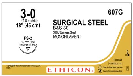 J & J Healthcare Systems Suture with Needle Nonabsorbable Uncoated Silver Suture Stainless Steel Size 3-0 18 Inch Suture 1-Needle 19 mm Length 3/8 Circle Reverse Cutting Needle - 607G