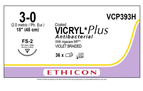 Coated Vicryl Plus Antibacterial Suture with Needle Absorbable Coated Violet Suture Braided Polyglactin 910 with Irgacare MP Antibacterial Suture Size 3-0 18 Inch Suture 1-Needle 19 mm Length 3/8 Circle Reverse Cutting Needle