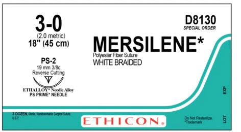 Mersilene - Suture with Needle Nonabsorbable Uncoated White Suture Braided Polyester Size 3 - 0 18 Inch Suture 1-Needle 19 mm Length 3/8 Circle Precision Point - Reverse Cutting Needle - D8130