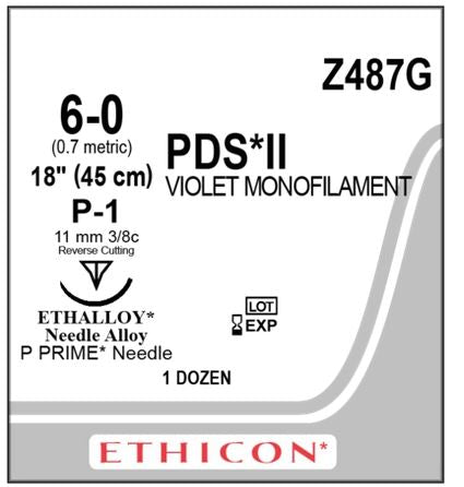J & J Healthcare Systems PDS II Suture with Needle Absorbable Uncoated Violet Suture Monofilament Polydioxanone Size 6-0 18 Inch Suture 1-Needle 11 mm Length 3/8 Circle Precision Point - Reverse Cutting Needle - Z487G