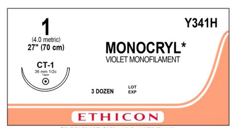 J & J Healthcare Systems Monocryl Suture with Needle Absorbable Uncoated Violet Suture Monofilament Poliglecaprone Size 1 27 Inch Suture 1-Needle 36 mm Length 1/2 Circle Taper Point Needle - Y341H
