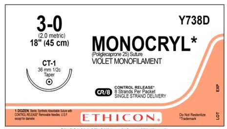 J & J Healthcare Systems Monocryl Suture with Needle Absorbable Uncoated Violet Suture Monofilament Poliglecaprone Size 3-0 18 Inch Suture 1-Needle 36 mm Length 1/2 Circle Taper Point Needle - Y738D