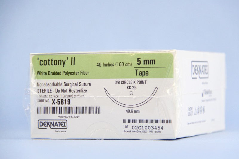 Teleflex Medical Dacron Suture Tape with Needle Nonabsorbable Uncoated White Suture Braided Polyester Size 3 mm 30 Inch Suture Double-Armed 49.6 mm Length 3/8 Circle K Point Needle - X-4142