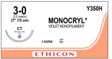 J & J Healthcare Systems Monocryl Suture with Needle Absorbable Uncoated Violet Suture Monofilament Poliglecaprone Size 3-0 27 Inch Suture 1-Needle 40 mm Length 1/2 Circle Taper Point Needle - Y350H