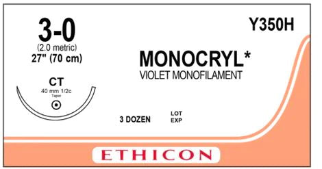 Monocryl - Suture with Needle Absorbable Uncoated Violet Suture Monofilament Poliglecaprone Size 3 - 0 27 Inch Suture 1-Needle 40 mm Length 1/2 Circle Taper Point Needle - Y350H