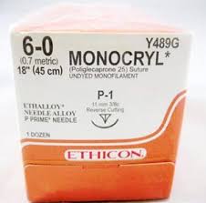 J & J Healthcare Systems Monocryl Suture with Needle Absorbable Uncoated Undyed Suture Monofilament Poliglecaprone Size 6-0 18 Inch Suture 1-Needle 13 mm Length 3/8 Circle Precision Point - Reverse Cutting Needle - Y492G