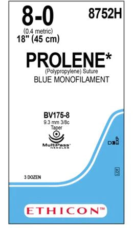 Prolene - Suture with Needle Nonabsorbable Uncoated Blue Suture Monofilament Polypropylene Suture Size 8 - 0 18 Inch Suture Double-Armed 9.3 mm Length 3/8 Circle Taper Point Needle - 8752H