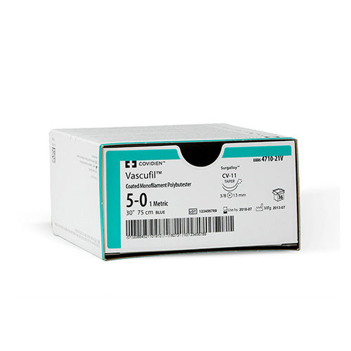 Covidien Vascufil Suture with Needle Nonabsorbable Coated Blue Suture Monofilament Polybutester Size 7-0 30 Inch Suture Double-Armed 9 mm Length 3/8 Circle Taper Point Needle - 8886470401V