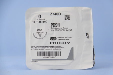 J & J Healthcare Systems PDS II Suture with Needle Absorbable Uncoated Violet Suture Monofilament Polydioxanone Size 0 18 Inch Suture 1-Needle 36 mm Length 1/2 Circle Taper Point Needle - Z740D