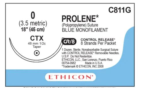Prolene - Suture with Needle Nonabsorbable Uncoated Blue Suture Monofilament Polypropylene Suture Size 0 18 Inch Suture 1-Needle 48 mm Length 1/2 Circle Taper Point Needle - C811G