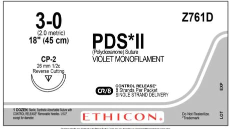 PDS II - Suture with Needle Absorbable Uncoated Violet Suture Monofilament Polydioxanone Size 3 - 0 18 Inch Suture 1-Needle 26 mm Length 1/2 Circle Reverse Cutting Needle - Z761D