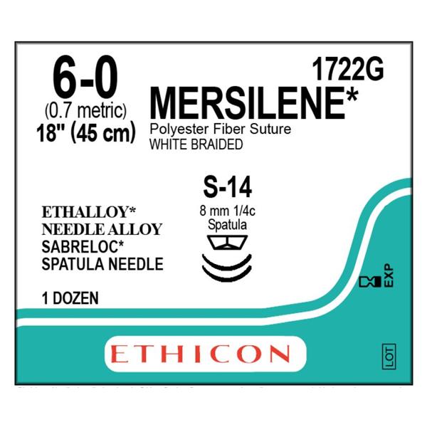 Ethicon Inc,a J & J Company Suture 6-0 Polyester S-14 Mersilene White 18" Braid 12/Bx - 1722G