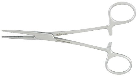 Miltex Miltex Hemostatic Forceps Kelly 5-1/2 Inch OR Grade Stainless Steel (German) NonSterile Ratchet Lock Finger Ring Handle Straight Serrated Tip - 13332