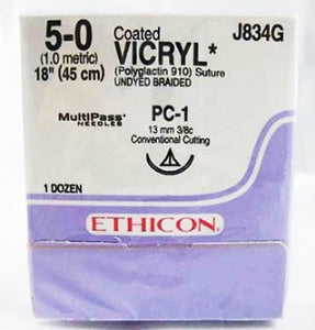 Coated Vicryl - Suture with Needle Absorbable Coated Undyed Suture Braided Polyglactin 910 Size 5 - 0 18 Inch Suture 1-Needle 13 mm Length 3/8 Circle Conventional Cutting Needle - J834G