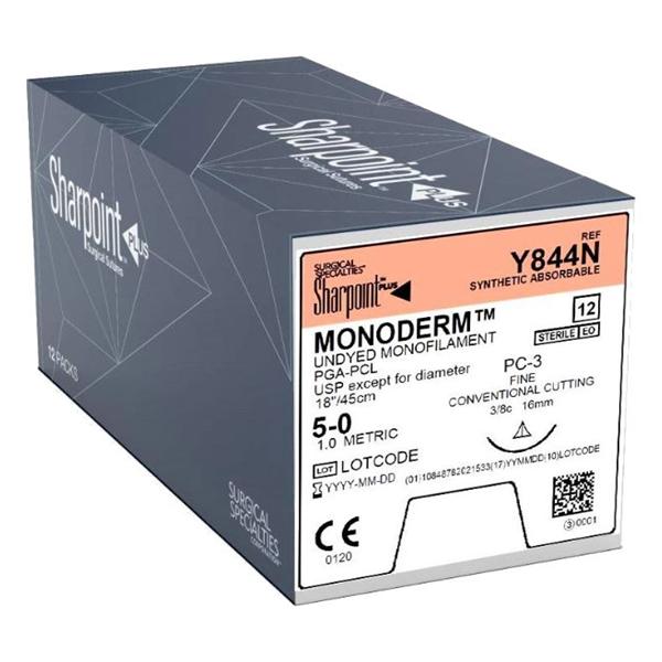 Surgical Specialties Inc Suture 5-0 Glycolide Dscm16 Monoderm Undyed 18" Monofilament 12/Bx - Y844n