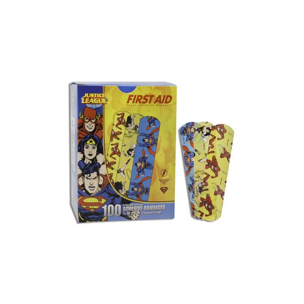 Dukal Corporation Bandage Adhesive Plstc Stat Strip 3/4X3" Superman/Wonder Woman/Flash Lf 100/Box, 12 Bx/Ca - 10790