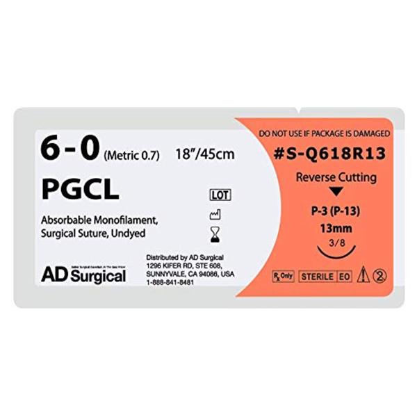 AD Surgical Suture 6-0 Poliglecaprone 25 P-13 Unify Undyed 18" Monofilament 12/Bx - S-Q618R13