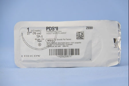 J & J Healthcare Systems PDS II Suture with Needle Absorbable Uncoated Violet Suture Monofilament Polydioxanone Size 1 27 Inch Suture 1-Needle 65 mm Length 1/2 Circle Taper Point Needle - Z690G