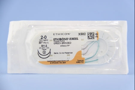 J & J Healthcare Systems Ethibond Suture with Needle Nonabsorbable Coated Green Suture Braided Polyester Size 2-0 30 Inch Suture Double-Armed 20 mm Length 1/2 Circle Taper Point Needle - X582H