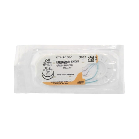 Ethibond - Suture with Needle Nonabsorbable Coated Green Suture Braided Polyester Size 2 - 0 30 Inch Suture Double-Armed 20 mm Length 1/2 Circle Taper Point Needle - X582H