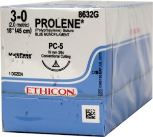 J & J Healthcare Systems Prolene Suture with Needle Nonabsorbable Uncoated Blue Suture Monofilament Polypropylene Suture Size 3-0 18 Inch Suture 1-Needle 19 mm Length 3/8 Circle Precision Cosmetic - Conventional Cutting PRIME Needle - 8632G