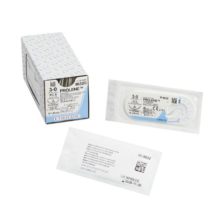 Prolene - Suture with Needle Nonabsorbable Uncoated Blue Suture Monofilament Polypropylene Suture Size 3 - 0 18 Inch Suture 1-Needle 19 mm Length 3/8 Circle Precision Cosmetic - Conventional Cutting PRIME Needle - 8632G