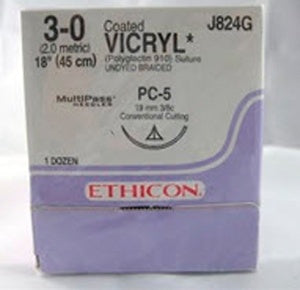 J & J Healthcare Systems Coated Vicryl Suture with Needle Absorbable Coated Undyed Suture Braided Polyglactin 910 Size 3-0 18 Inch Suture 1-Needle 19 mm Length 3/8 Circle Conventional Cutting Needle - J824G