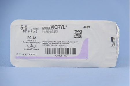 J & J Healthcare Systems Coated Vicryl Suture with Needle Absorbable Coated Undyed Suture Braided Polyglactin 910 Size 5-0 18 Inch Suture 1-Needle 16 mm Length 1/2 Circle Conventional Cutting Needle - J813G