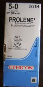 Prolene - Suture with Needle Nonabsorbable Uncoated Blue Suture Monofilament Polypropylene Suture Size 5 - 0 36 Inch Suture Double-Armed 13 mm Length 3/8 Circle Taper Cut Needle - 8721H