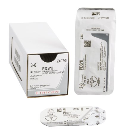 PDS II - Suture with Needle Absorbable Uncoated Clear Suture Monofilament Polydioxanone Size 3 - 0 18 Inch Suture 1-Needle 19 mm Length 3/8 Circle Precision Point - Reverse Cutting Needle - Z497G