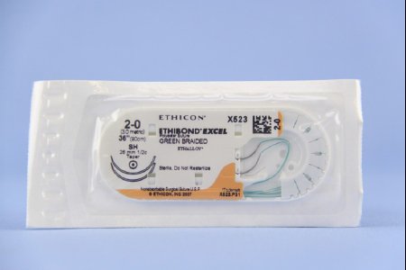 J & J Healthcare Systems Ethibond Suture with Needle Nonabsorbable Coated Green Suture Braided Polyester Size 2-0 36 Inch Suture Double-Armed 26 mm Length 1/2 Circle Taper Point Needle - X523H