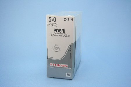 J & J Healthcare Systems PDS II Suture with Needle Absorbable Uncoated Clear Suture Monofilament Polydioxanone Size 5-0 27 Inch Suture 1-Needle 19 mm Length 3/8 Circle Reverse Cutting Needle - Z421H