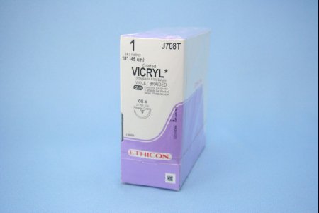 J & J Healthcare Systems Coated Vicryl Suture with Needle Absorbable Coated Violet Suture Braided Polyglactin 910 Size 1 18 Inch Suture 1-Needle 22 mm Length 1/2 Circle Reverse Cutting Needle - J708T