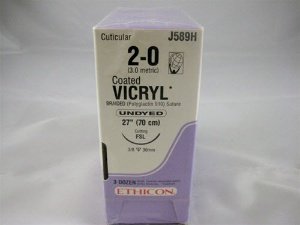 Coated Vicryl - Suture with Needle Absorbable Coated Undyed Suture Braided Polyglactin 910 Size 2 - 0 27 Inch Suture 1-Needle 30 mm Length 3/8 Circle Reverse Cutting Needle - J589H