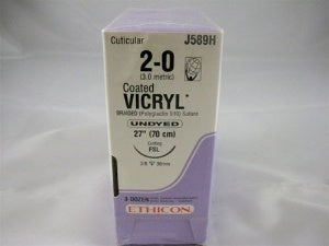 J & J Healthcare Systems Coated Vicryl Suture with Needle Absorbable Coated Undyed Suture Braided Polyglactin 910 Size 2-0 27 Inch Suture 1-Needle 30 mm Length 3/8 Circle Reverse Cutting Needle - J589H