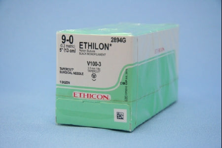 J & J Healthcare Systems Ethilon Suture with Needle Nonabsorbable Uncoated Black Suture Monofilament Nylon Size 9-0 5 Inch Suture 1-Needle 3.5 mm Length 1/4 Circle Taper Cut Needle - 2894G