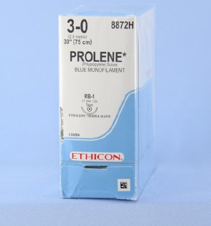 J & J Healthcare Systems Prolene Suture with Needle Nonabsorbable Uncoated Blue Suture Monofilament Polypropylene Suture Size 3-0 30 Inch Suture 1-Needle 17 mm Length 1/2 Circle Taper Point Needle - 8872H