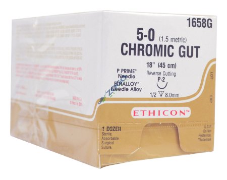J & J Healthcare Systems - Suture with Needle Absorbable Uncoated Undyed Suture Chromic Gut Size 5 - 0 18 Inch Suture 1-Needle 8 mm Length 1/2 Circle Reverse Cutting Needle - 1658G