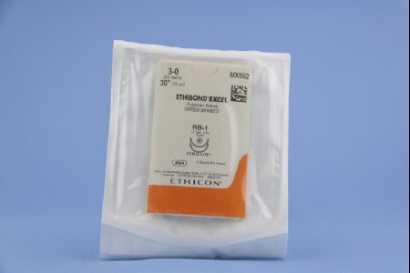Ethibond - Suture with Needle Nonabsorbable Coated Green Suture Braided Polyester Size 3 - 0 30 Inch Suture Double-Armed 17 mm Length 1/2 Circle Taper Point Needle - MX552