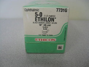 J & J Healthcare Systems Ethilon Suture with Needle Nonabsorbable Uncoated Black Suture Monofilament Nylon Size 5-0 18 Inch Suture Double-Armed 8 mm Length 1/4 Circle Spatula Needle - 7731G