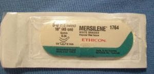 Mersilene - Suture with Needle Nonabsorbable Uncoated White Suture Braided Polyester Size 5 - 0 18 Inch Suture Double-Armed 8 mm Length 1/4 Circle Spatula Needle - 1764G