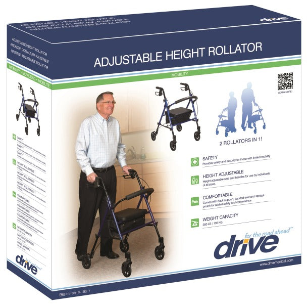 Drive Medical Adjustable Height Rollator, 6" Casters