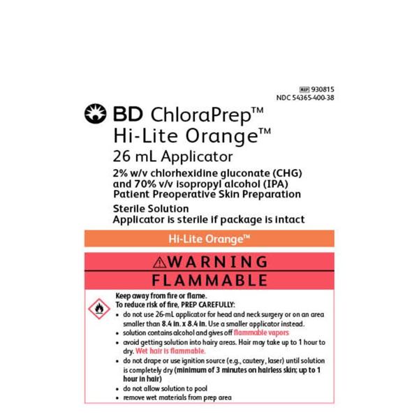 Becton-Dickinson Applicator Chloraprep Chg 2%/Isopropyl Alcohol 70% 26Ml Hi-Lt Orng Tnt 25/Case - 930815