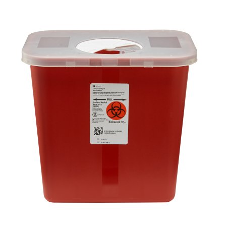 SharpSafety - Sharps Container 10 H X 10-1/2 W X 7-1/4 D Inch 2 Gallon Red Base / White Lid Vertical Entry Rotating Lid - 8970
