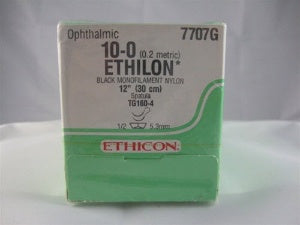 J & J Healthcare Systems Ethilon Suture with Needle Nonabsorbable Uncoated Black Suture Monofilament Nylon Size 10-0 12 Inch Suture Double-Armed 5.5 mm Length 3/8 Circle Micropoint - Spatula Needle - 7707G