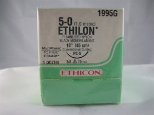 J & J Healthcare Systems Ethilon Suture with Needle Nonabsorbable Uncoated Black Suture Monofilament Nylon Size 5-0 18 Inch Suture 1-Needle 19 mm Length 3/8 Circle Precision Cosmetic - Conventional Cutting PRIME Needle - 1895G