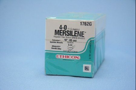 Mersilene - Suture with Needle Nonabsorbable Uncoated Green Suture Braided Polyester Size 4 - 0 18 Inch Suture Double-Armed 8 mm Length 1/4 Circle Spatula Needle - 1762G
