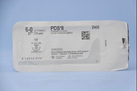J & J Healthcare Systems PDS II Suture with Needle Absorbable Uncoated Violet Suture Monofilament Polydioxanone Size 6-0 27 Inch Suture 1-Needle 13 mm Length 1/2 Circle Taper Point Needle - Z432H