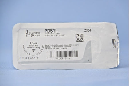 J & J Healthcare Systems PDS II Suture with Needle Absorbable Uncoated Violet Suture Monofilament Polydioxanone Size 0 27 Inch Suture 1-Needle 36.4 mm Length 1/2 Circle Reverse Cutting Needle - Z534T